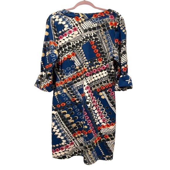Aryeh Abstract 3/4 Bell Sleeve Knit Midi Shift Dress Blue Orange Pink Size XL - Picture 2 of 6